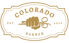 A logo for a barber shop with a pair of scissors